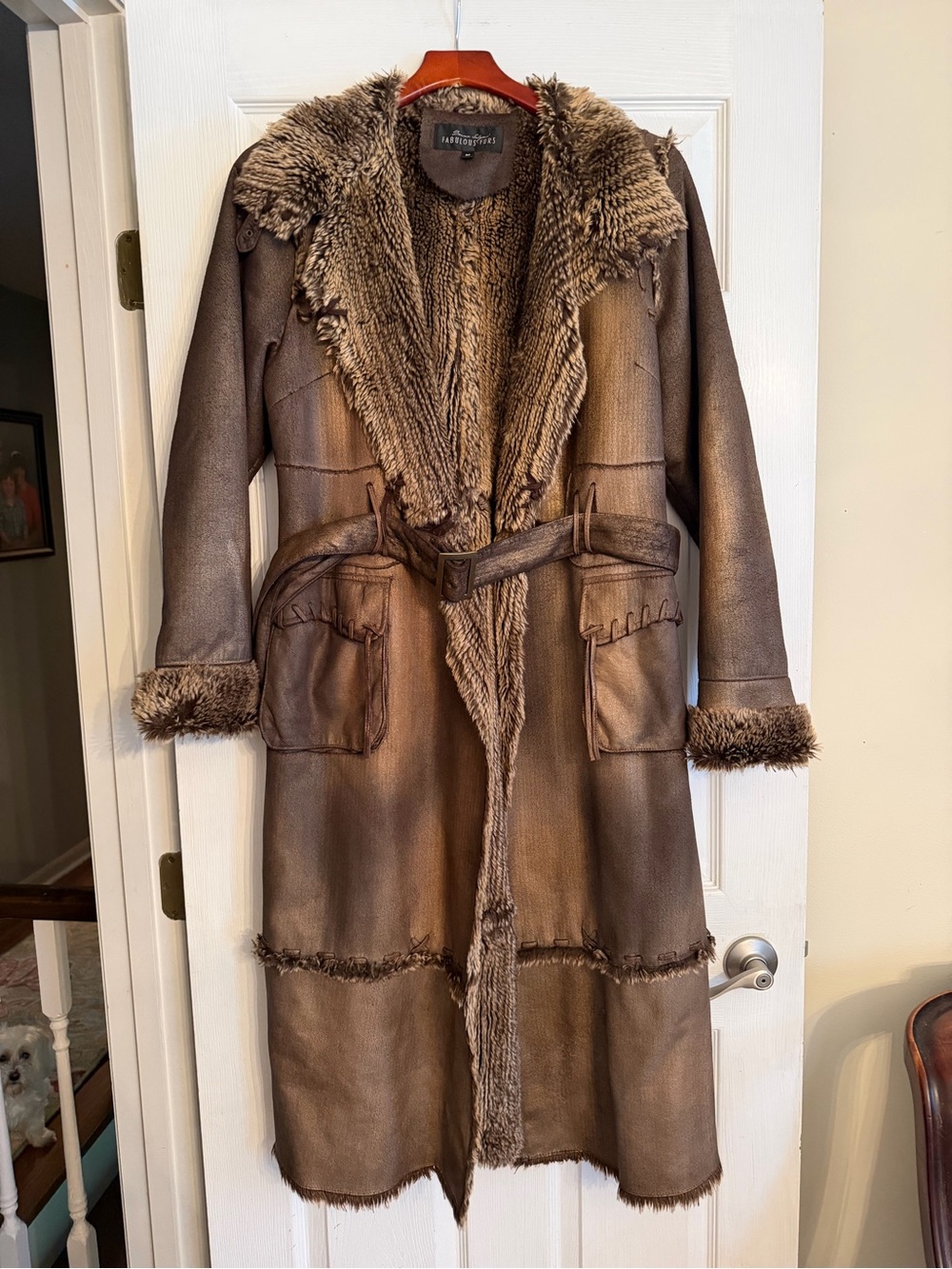 Donna Salyers' Fabulous Furs faux suede and faux brown shearling maxi coat M - Picture 2 of 6